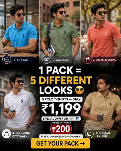 👕 NEW Plain Polo T-Shirt – Genuine Cotton Fabric (Pack of 5)